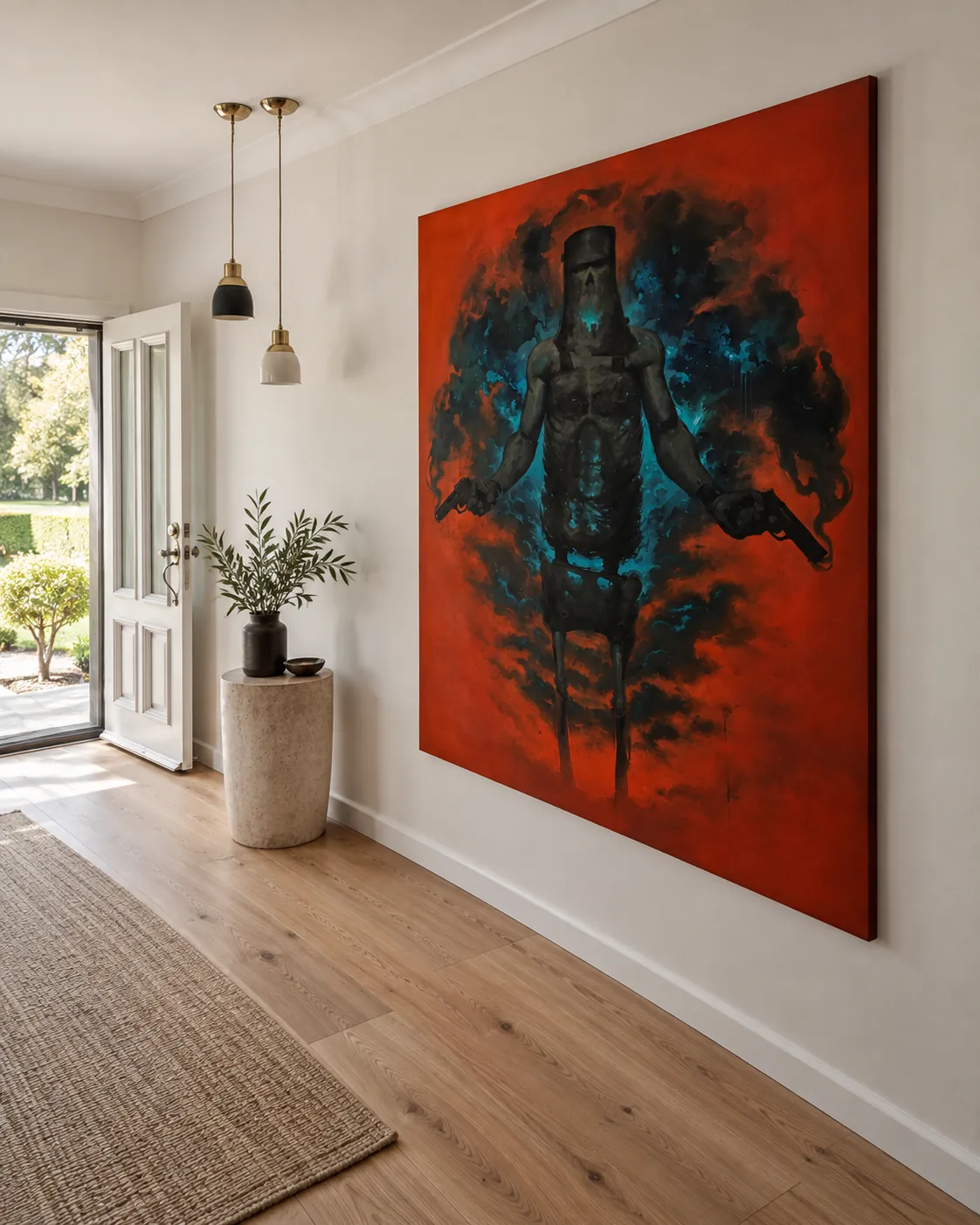 Large red and black statement canvas installed in an entry hallway