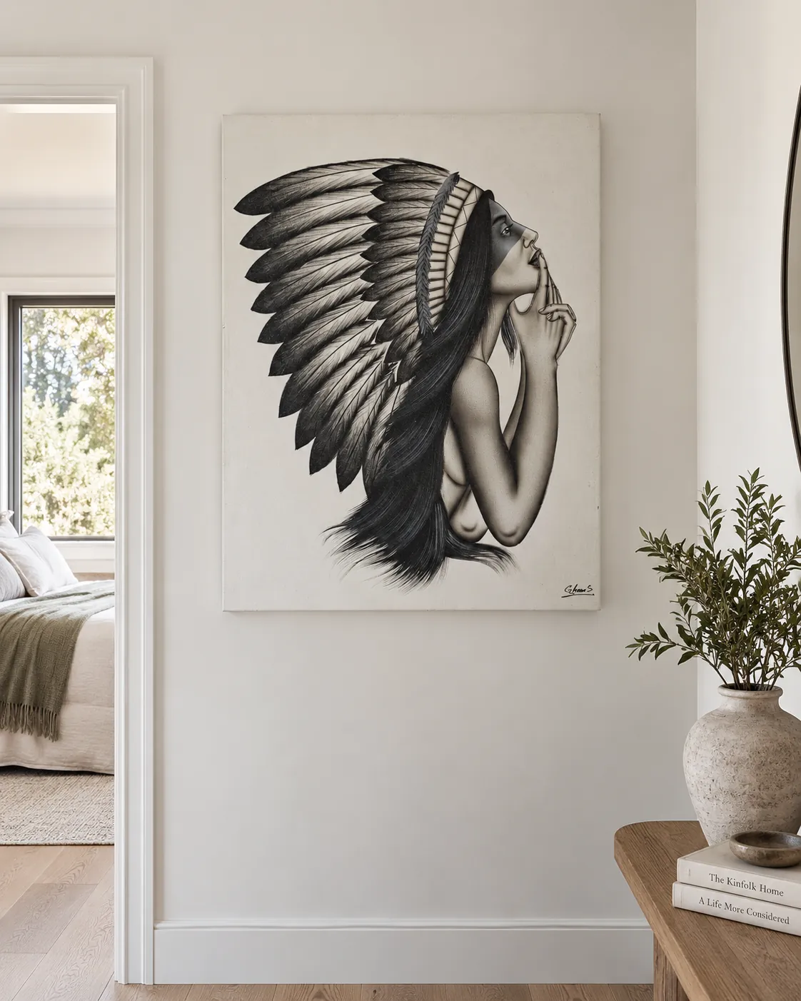 Large canvas portrait installed on a hallway wall