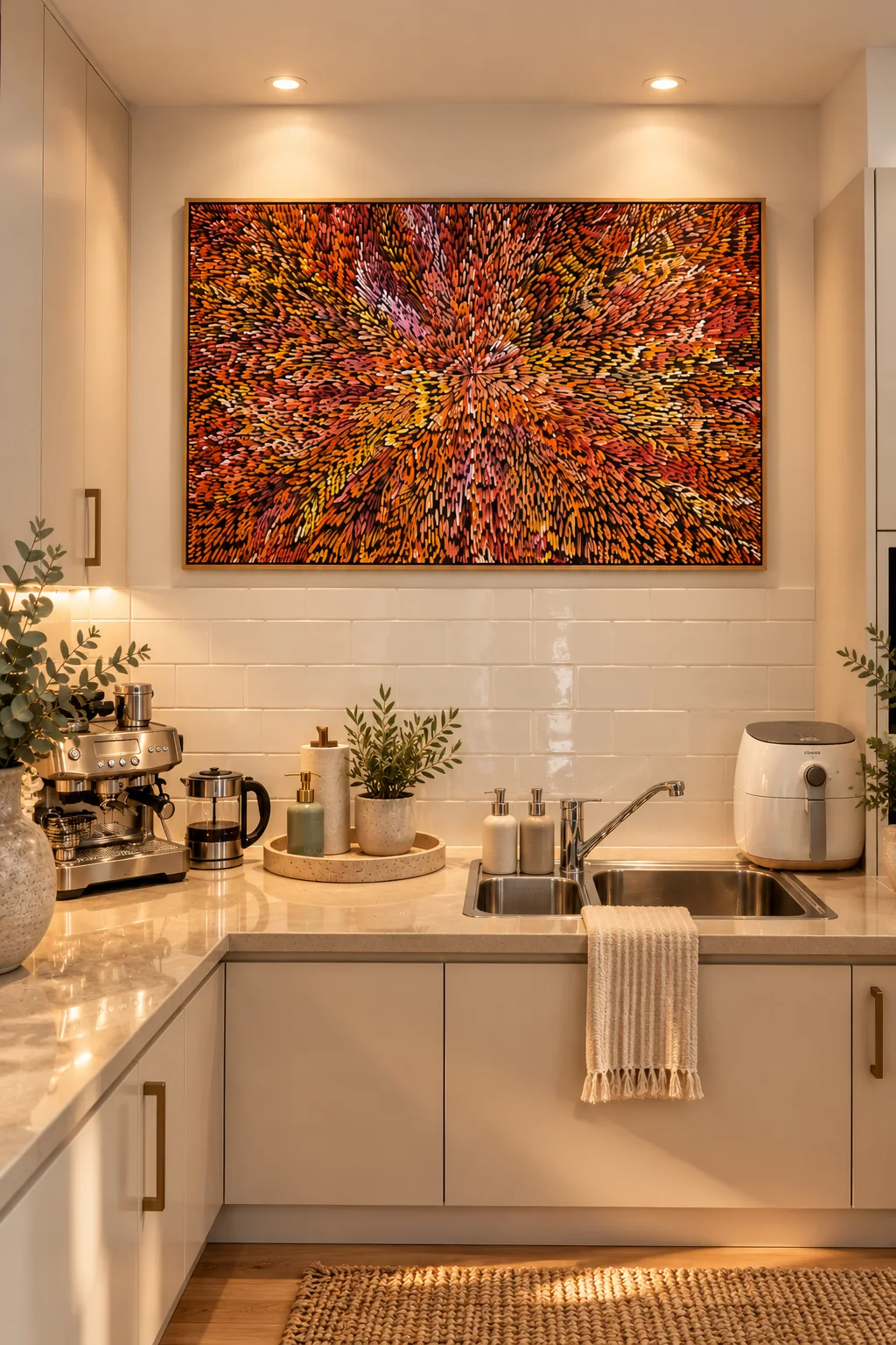 Canvas artwork installed in a warm kitchen nook