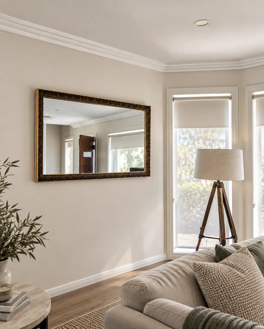 Ornate gold-framed mirror installed above a lounge seating area