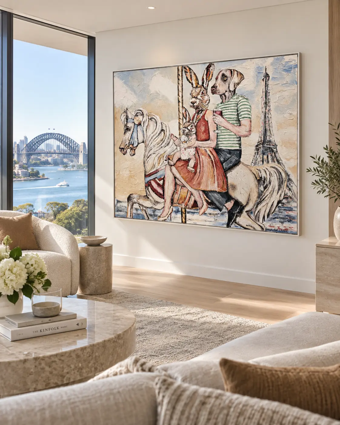 Large framed artwork installed in a Sydney living room with harbour views