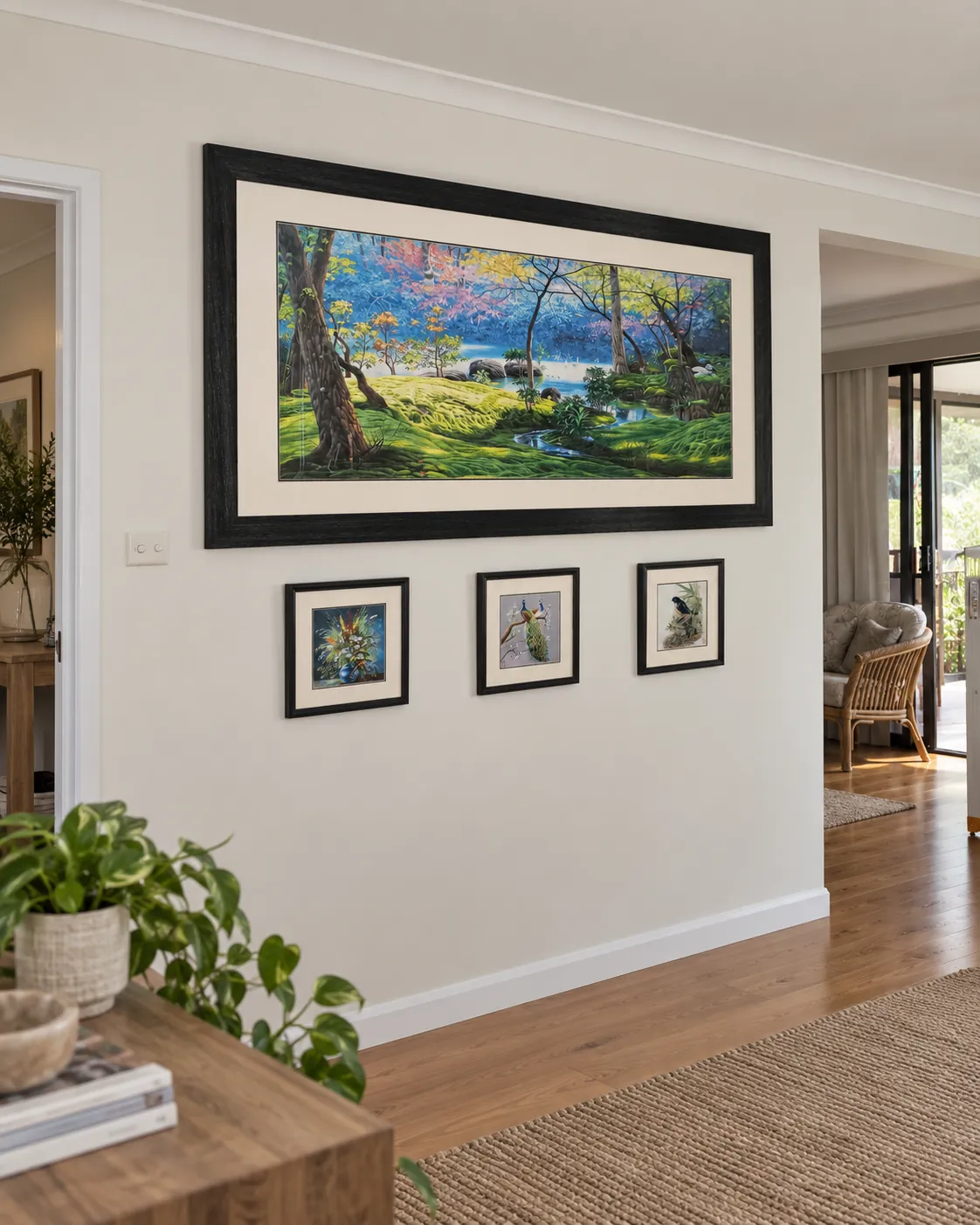 Large framed landscape with three smaller framed works