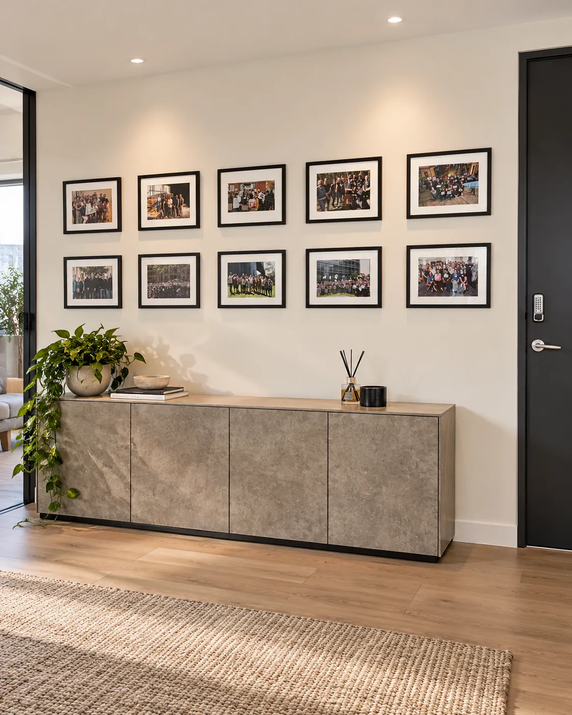 Ten framed photographs installed in a two-row grid above a sideboard