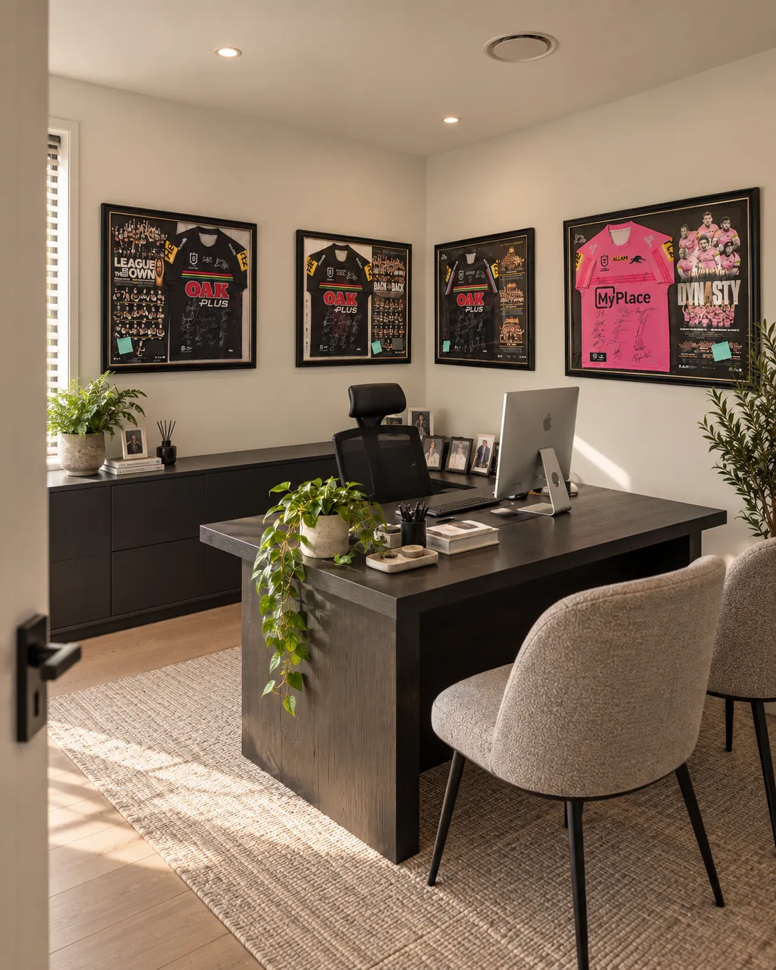 Framed memorabilia collection installed across an office wall