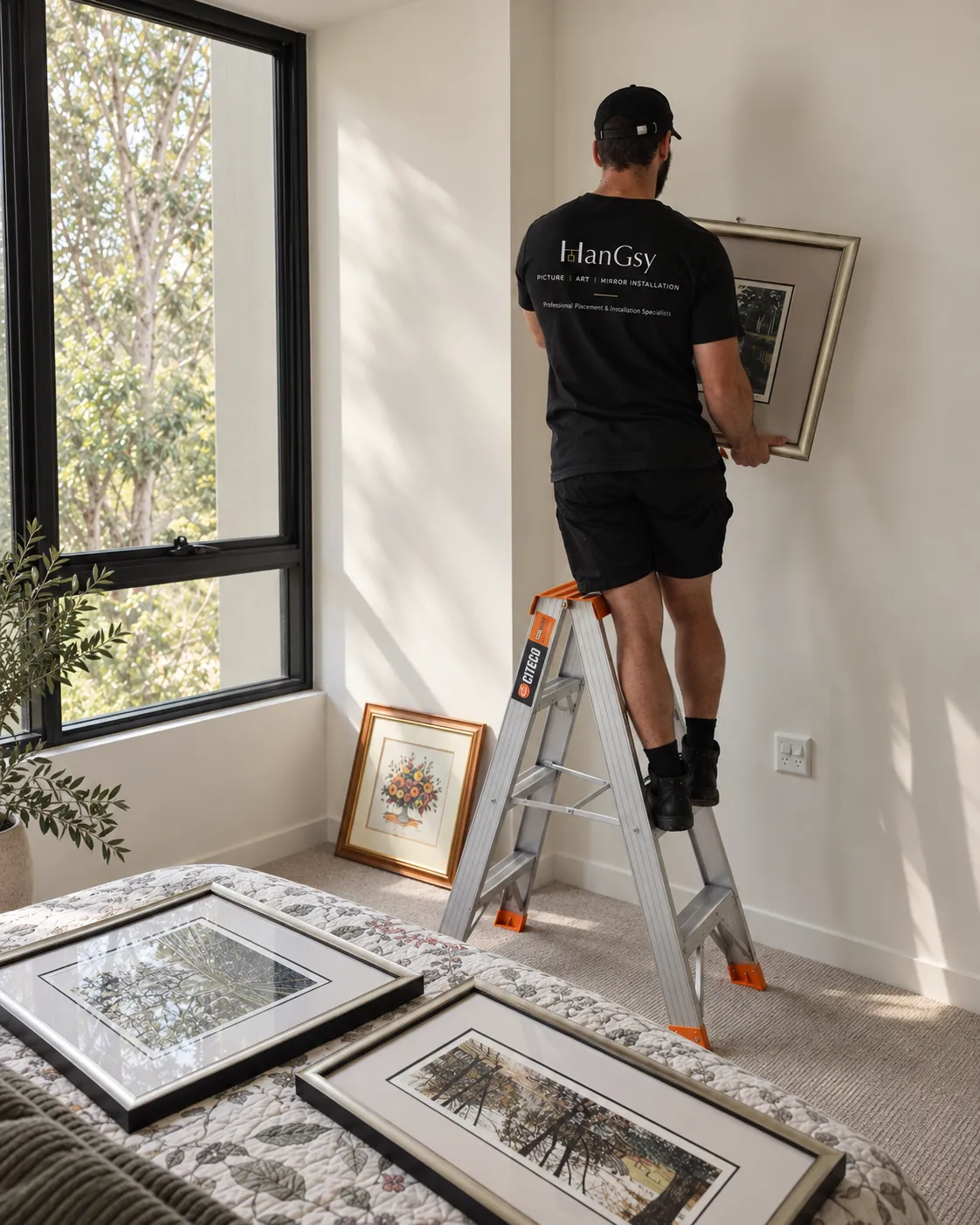 HanGsy installer levelling a framed artwork in a bedroom