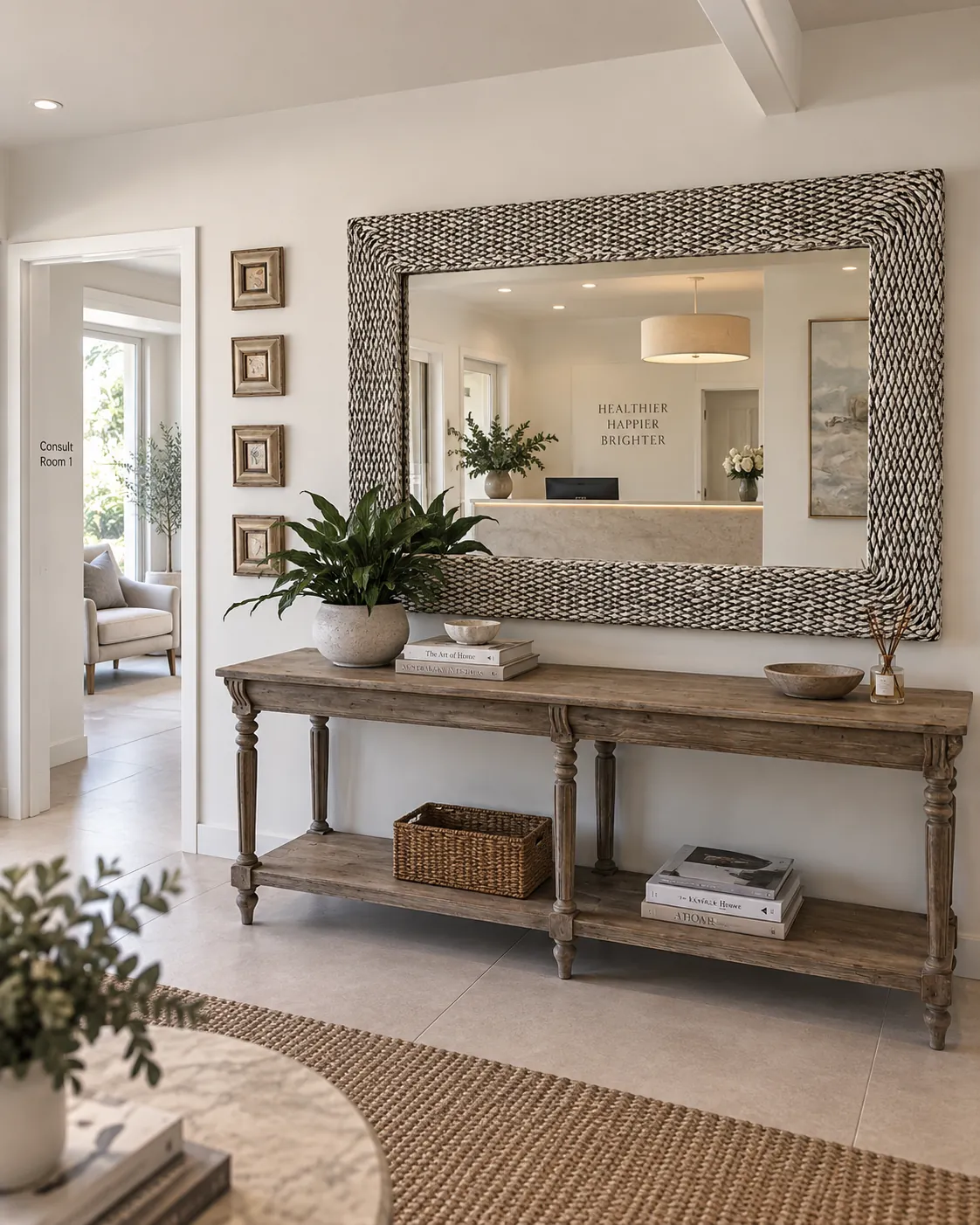 Large woven-framed mirror installed above a timber console in a commercial reception