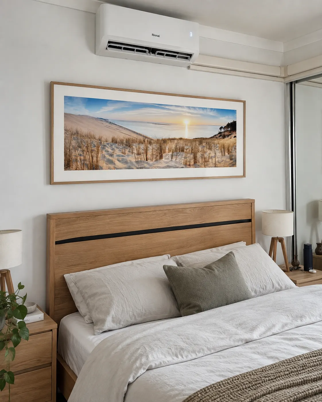 Framed panoramic coastal print installed above a bedhead