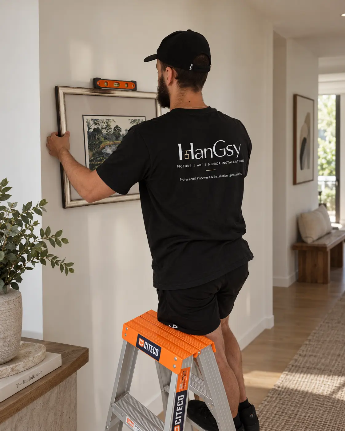 HanGsy installer levelling a framed artwork in a hallway