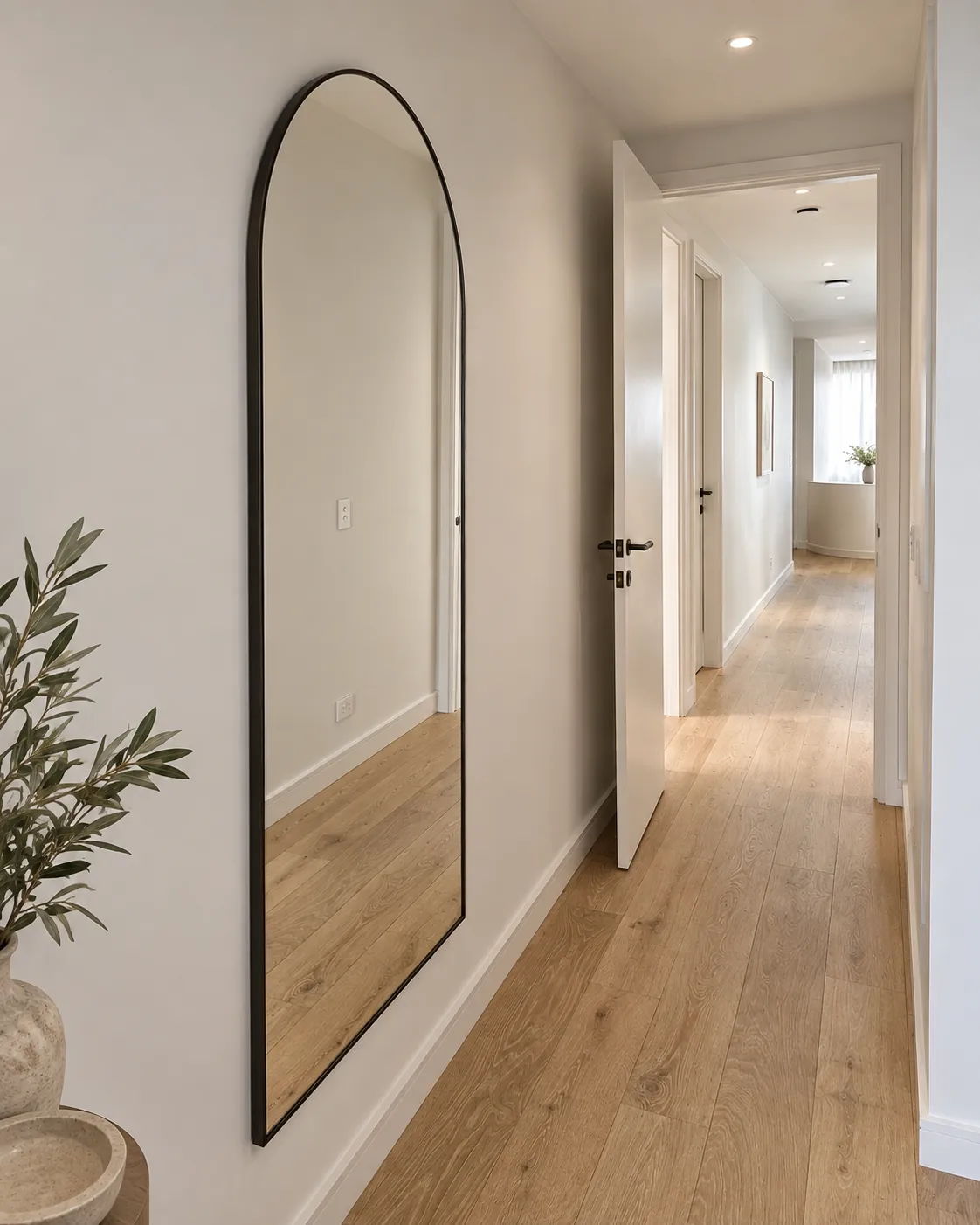 Tall arched mirror installed on a hallway wall