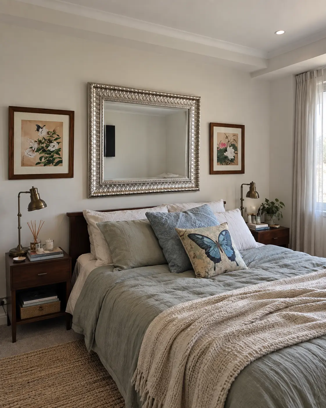 Mirror and framed artwork installed above a bedhead